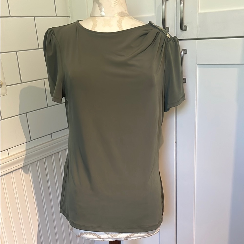 NWTs DKNY Olive Green Women's Top with gold button detail